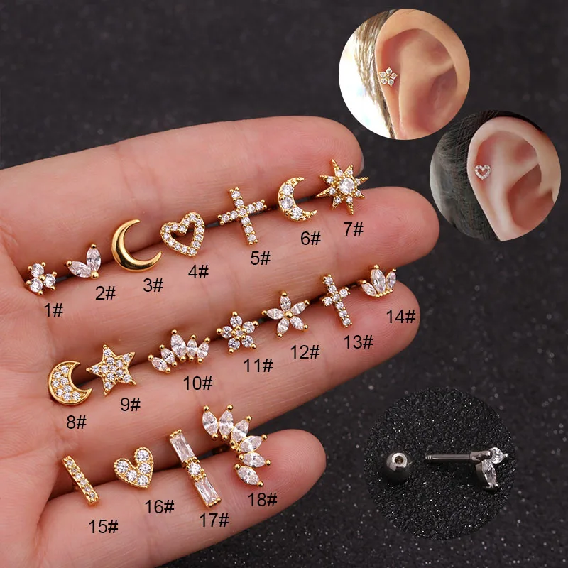 

1PC16G Flower Heart Star Moon Crown Cross Flower Ear Stud Piercing Tragus Conch Earring Stud Cartilage Helix Piercing Jewelry
