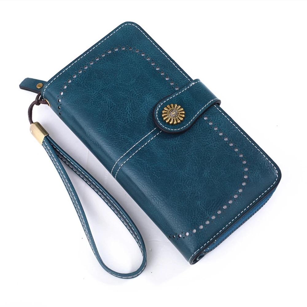 

Korean Women's Fashion Wallet New Oil Wax Leather Retro Long Zipper Phone Bag Oil Leather Hand Card Holder Bag For Girls