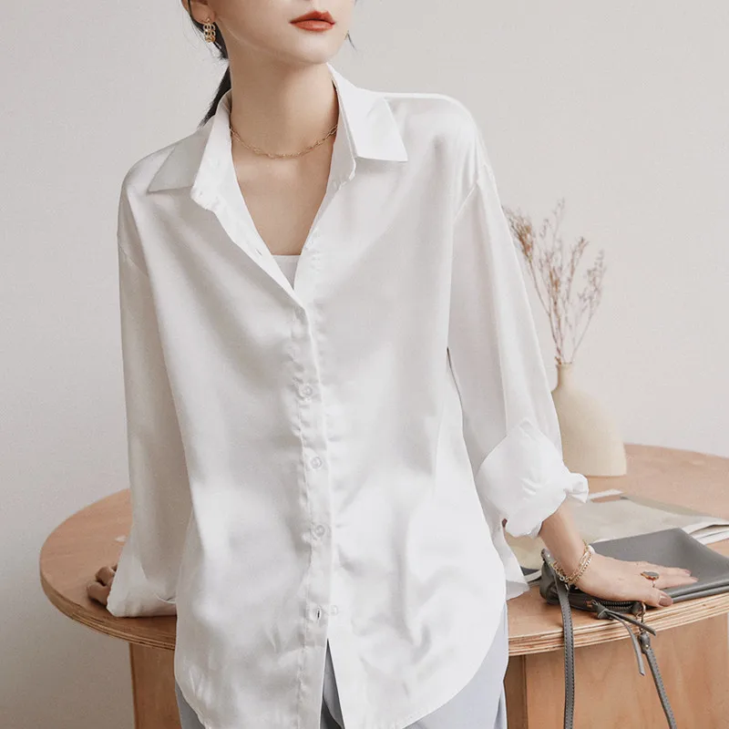 

New Spring Autumn Silky Satin Blouse Women Casual Long Sleeve Korean Shirts Ladies White Tops Clothes