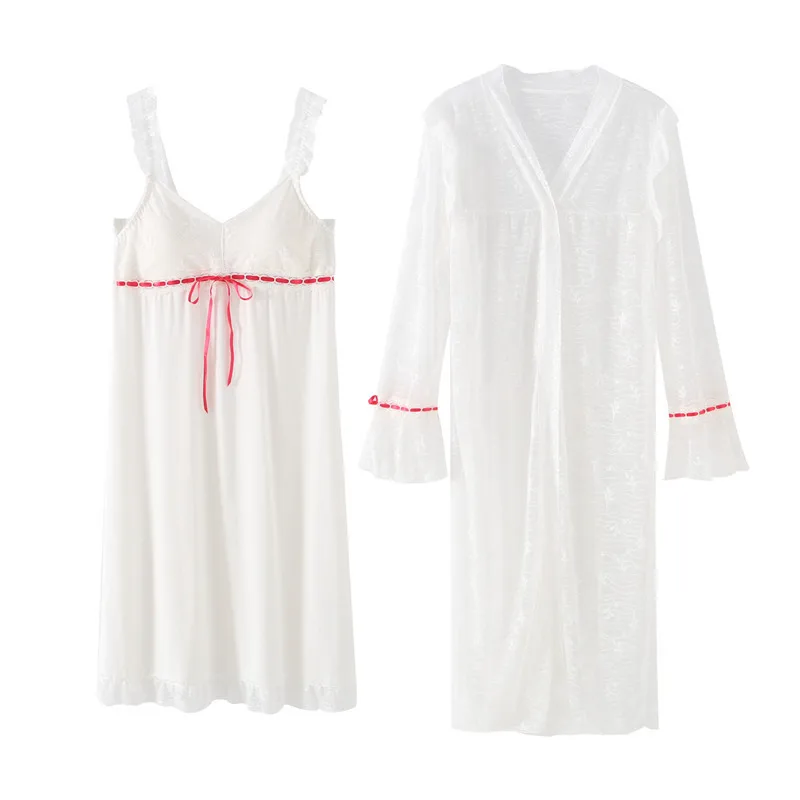 

Chest Pad Nightwear Women Autumn Sexy Suspender Nightdress Modal Nightgown Two-Piece Long-Sleeved Palace Lace Princess Bathrobe
