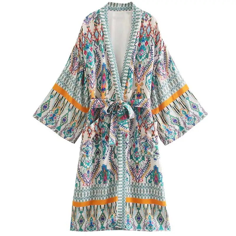 Блузка Женская Длинная с принтом карманы рукав-кимоно пляжный летний кардиган в