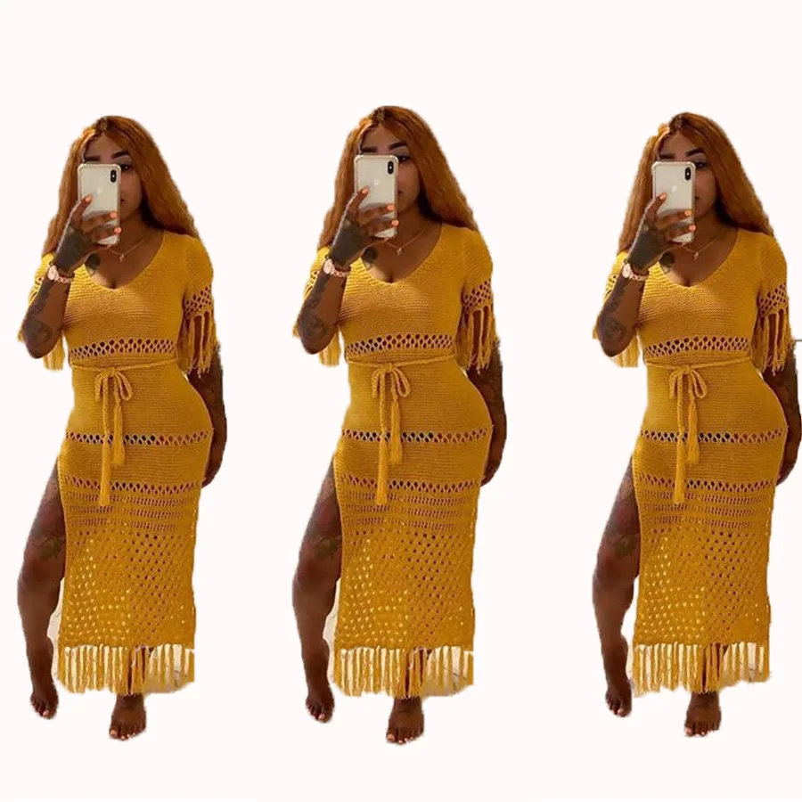 Women's Swim Cover Up Plus Size Sexy Knitting Crochet Beach Dress Tunic Swimsuit Wear Cover Ups Tassel Belt Yellow Kaftan Praia