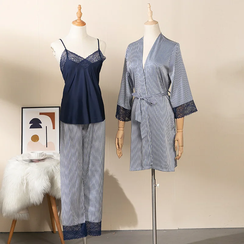 

Striped Pajamas Women's Spring and Summer Thin Ice Silk Long-sleeved Slings Pajama Trousers Three-piece Set Sexy Home Clothes