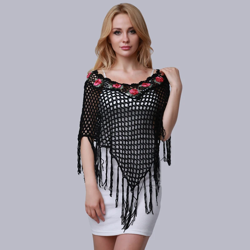 Summer Women High-grade Crochet Hook Flower Fringed Cloak Knitting Hollow Out Female Irregular Shawl Top | Женская одежда