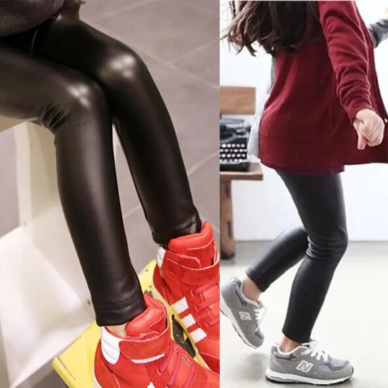 Pantalones informales de PU para ni&ntilde;os y ni&ntilde;as, Leggings el&aacute;sticos ajustados de cintura alta, color negro, 2-8T-5