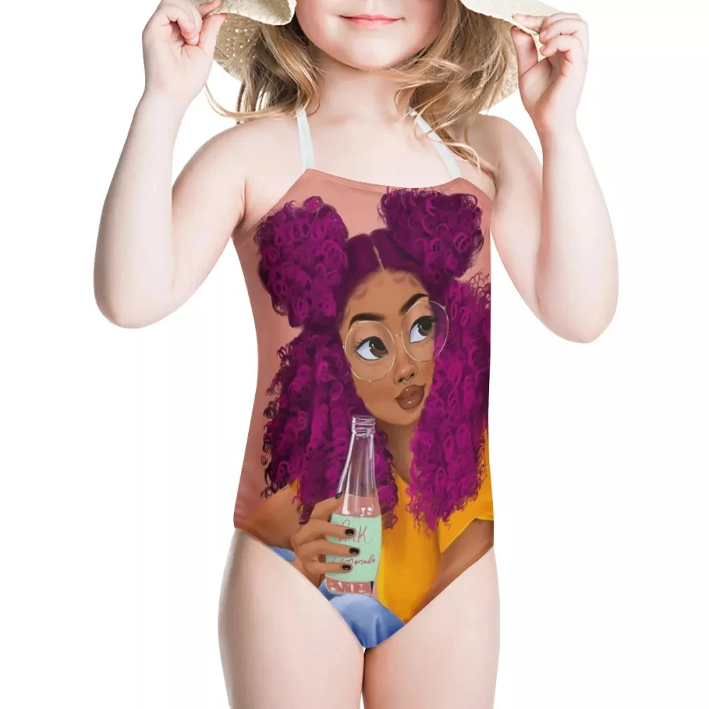 

HYCOOL Swimwear Teen Girls Afro Black Girl Drink Eating Foods Pattern One Piece Suits Kids Swimwear Children Bathing Suits Trend