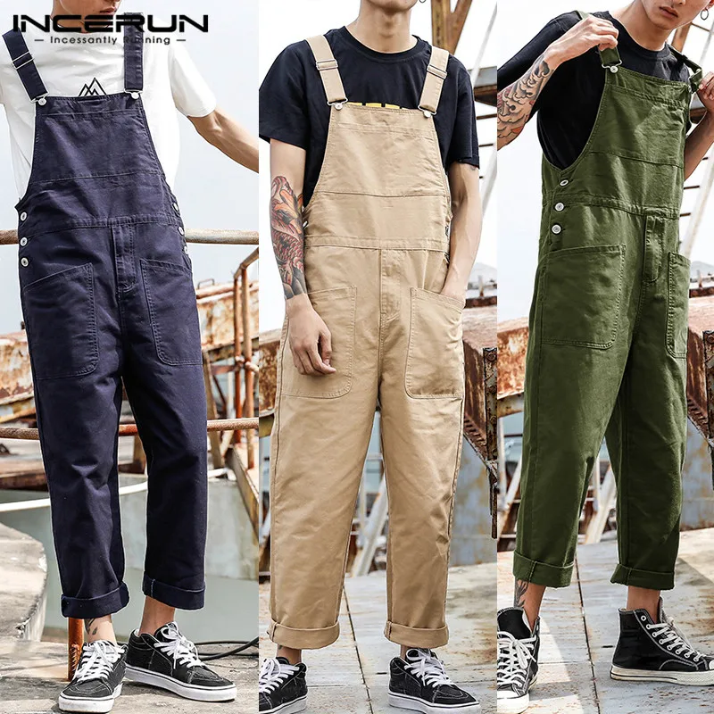 

INCERUN Fashion Men Bib Pants Solid Color Jumpsuits Joggers Streetwear Casual Multi Pockets Suspenders Cargo Overalls Men Romper