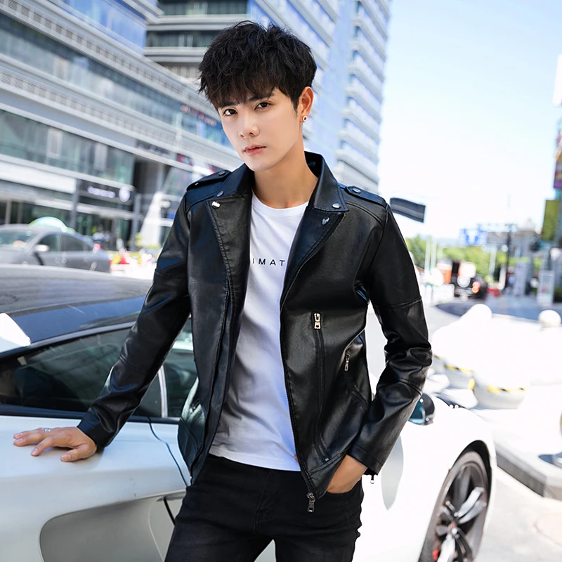 

2021 autumn and winter men's leather jacket new wild youth handsome PU leather jacket Korean slim Side zipper leather jacket