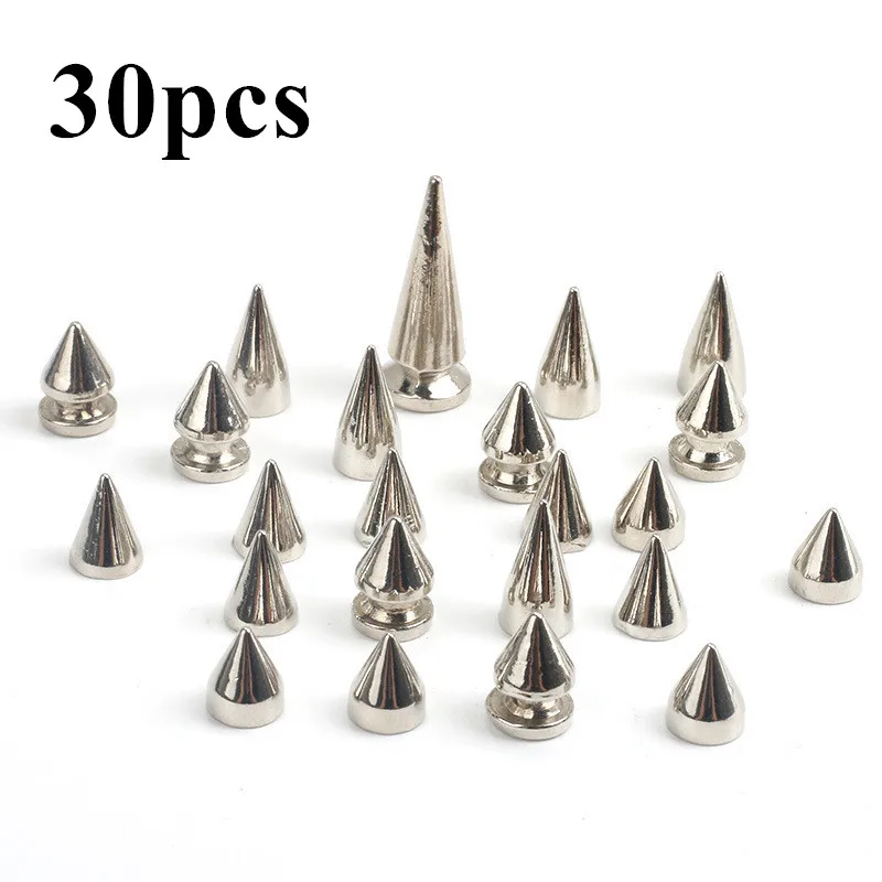 

30pcs/set Silver Cone Studs and Spikes DIY Craft Cool Punk Garment Rivets for Clothes Bag Shoes Leather Punk Accessories