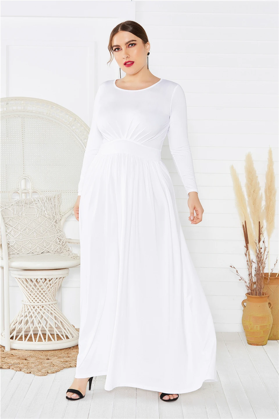

2020 Autumn Long Sleeves Women Plus Size Dress A-Line Floor Length Party Gown Elegant Solid Color O-Neck Ruched Dresses