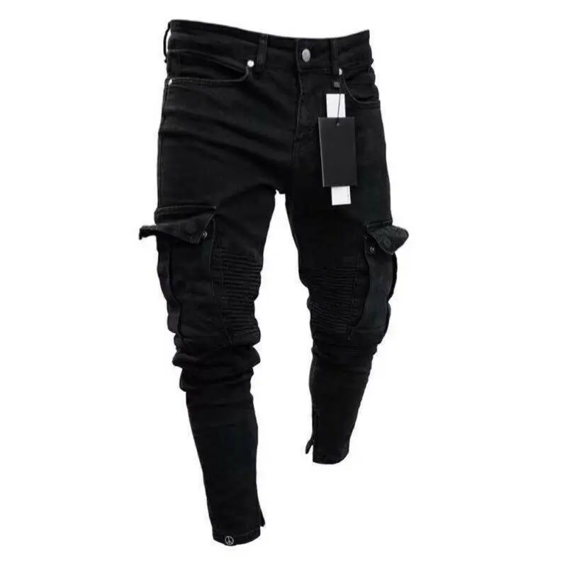 

2021Fashion Black Jean Men Denim Skinny Biker Jeans Destroyed Frayed Slim Fit Pocket Cargo Pencil Pants Plus Size S-3XL Fashion