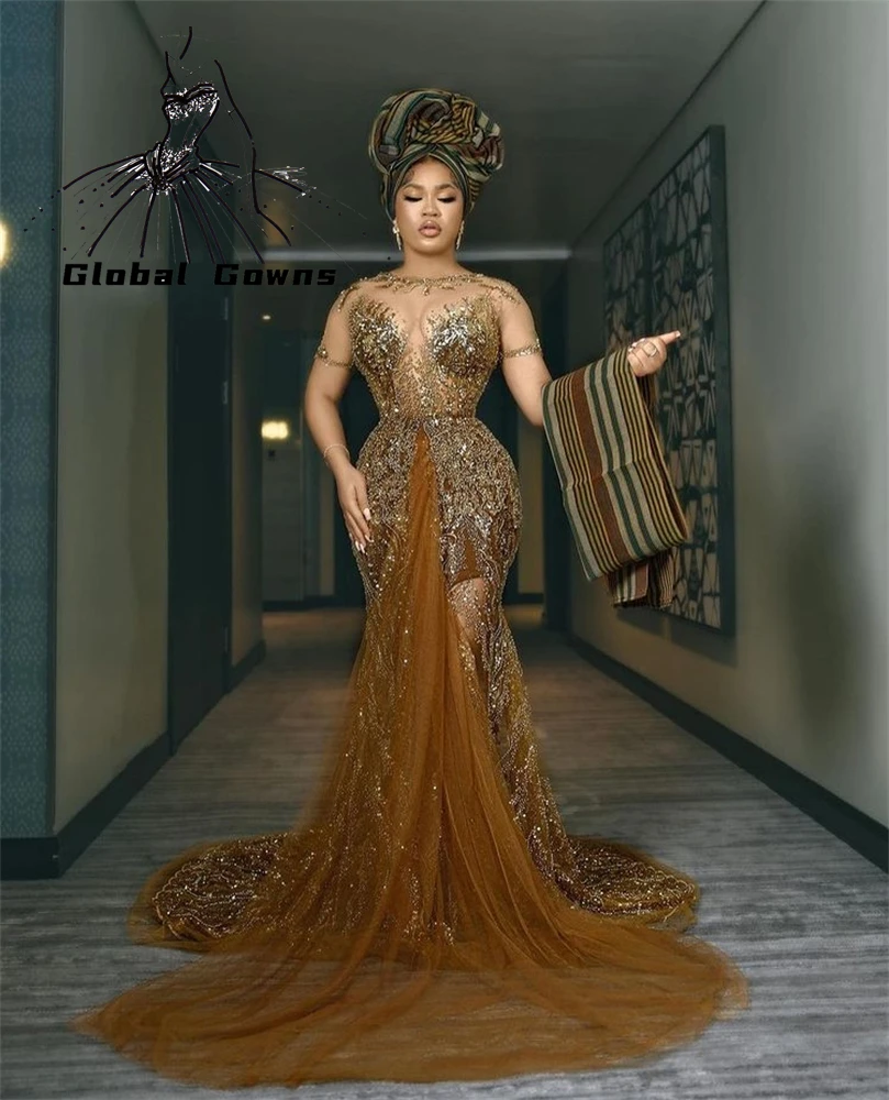 

2021 Sexy African O Neck Evening Dresses Mermaid Beaded Ruffles Nigeria Arabic Formal Dress High Slit Vestidos De Noite