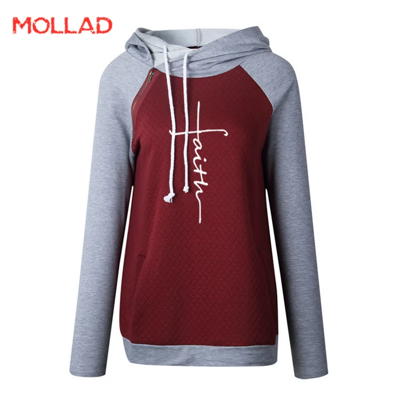 

MOLLAD autumn women Slant zipper hoodies patchwork sweatershirt