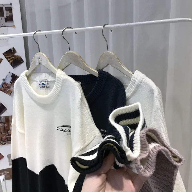 

Men Pullovers Fashion Autumn Letter Sweaters Patchwork Design Loose Large Size XXL Soft Knittwear Preppy Style Trendy Teens Chic