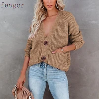 solid color v neck cardigan single breasted long sleeve sweater coat cardigan women clothing 2021 autumn winter new urban casual
