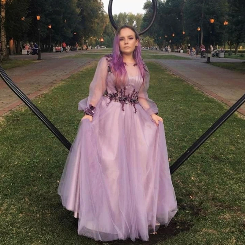 

Светильник, фиолетовое вечернее платье трапециевидной формы, 2020, длинные рукава, длина до пола, женские вечерние платья, элегантные кружевн...