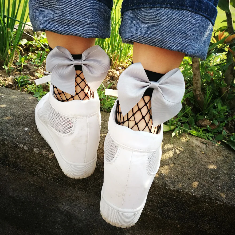 black net white knot Модные кружевные короткие носки в сеточку с бабочкой, женские нейлоновые носки на лето и осень, женские большие ажурные черные короткие носки с оборками - Цвет: black net white knot