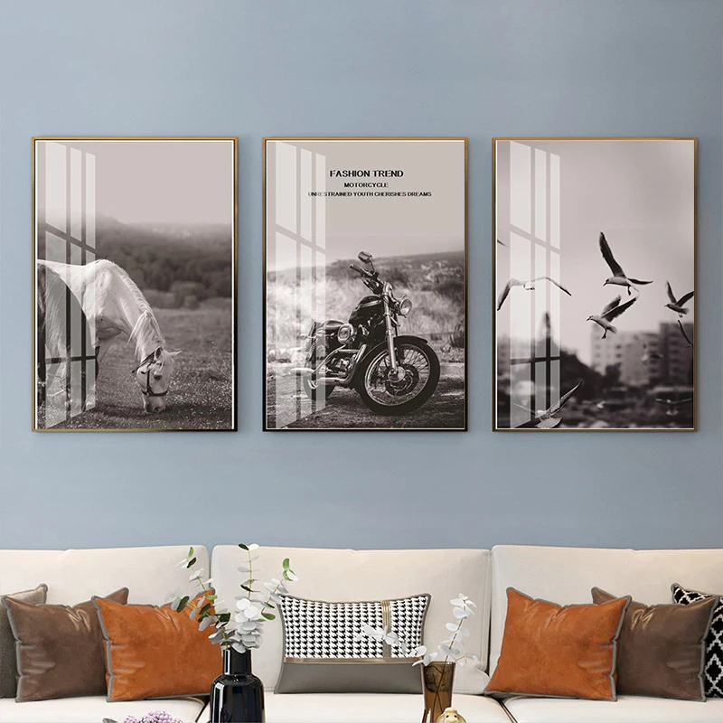 

Black White Motorcycle Horse Seagull Canvas Painting Nordic Poster Print Wall Art Decorative Picture for Living Room Home Decor