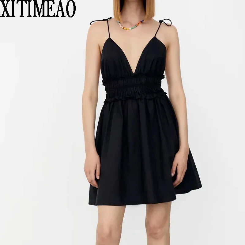 

Women New Sexy Suspenders Low Chest Open Back Deep V Neck Short Dress Suspender Party A Line Mini Skirt