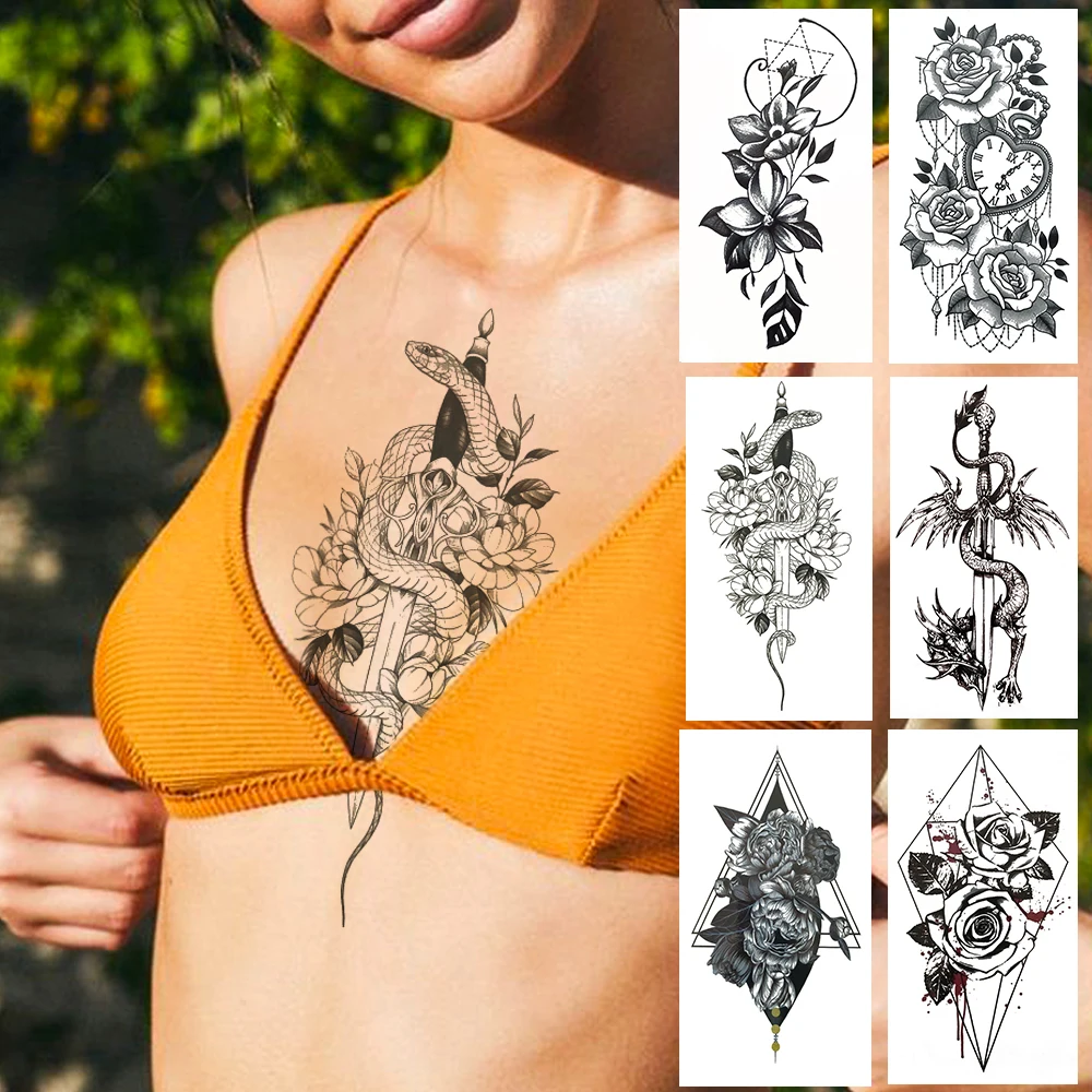 

Snake Flower Fake Temporary Tattoo For Women Camellia Lily Tattoos Stickers Geometric Rose Bloosom Waterproof Tatoo Dragon Chest