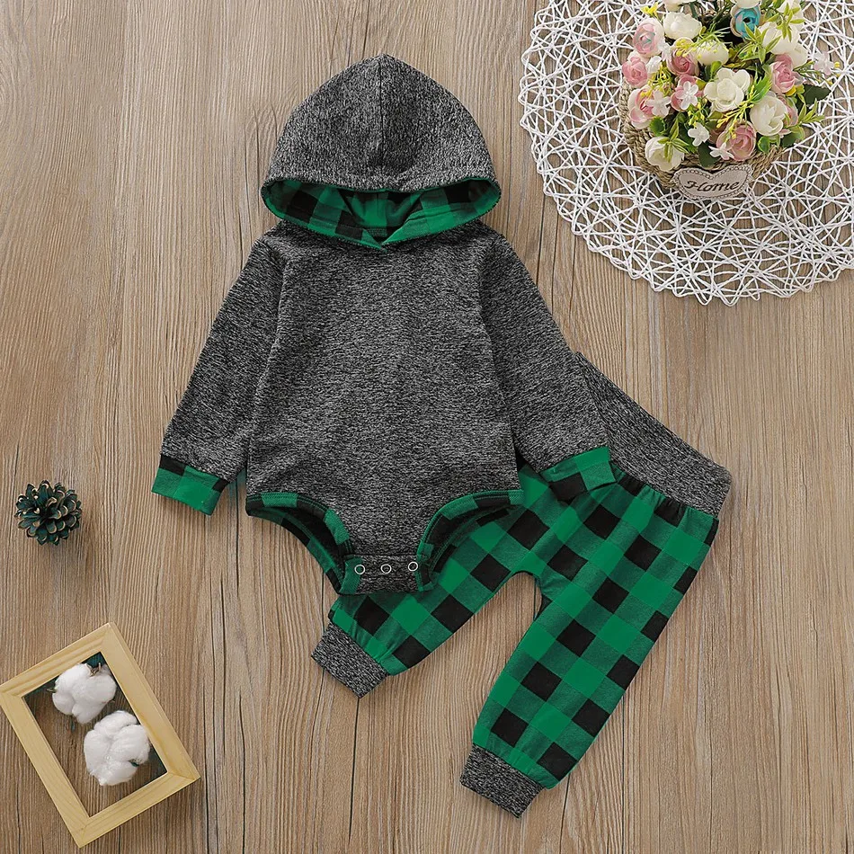 PatPat Baby Boy Trendy 2pcs Solid Long-sleeve Hooded Bodysuit and Plaid Print Pants Sets Baby Boy Clothes Set