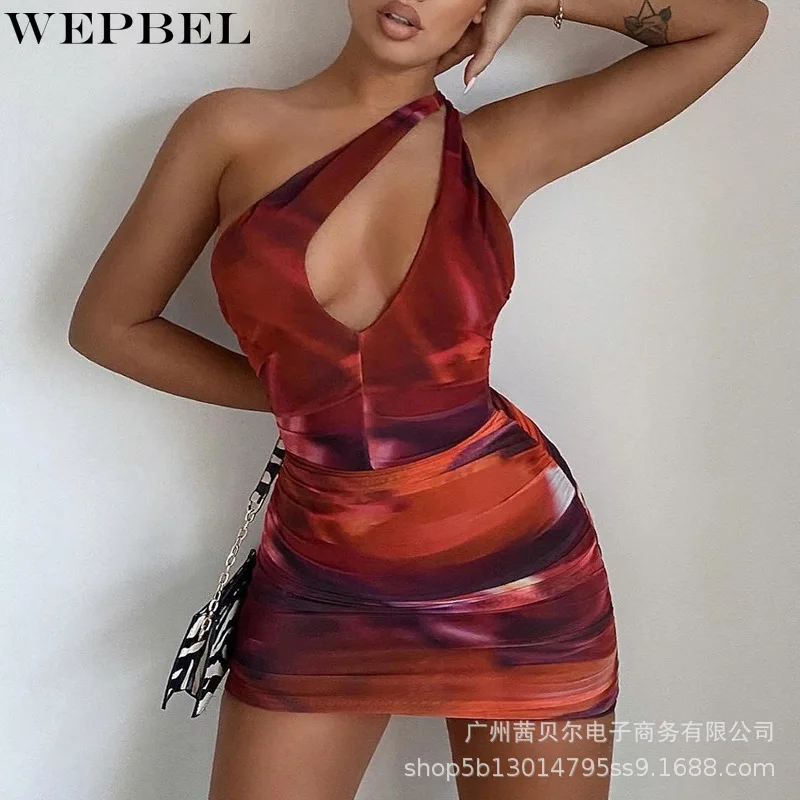 

WEPBEL Sexy Dress Women's Tie-Dye Print Slim Hollow Out Dress Summer Spaghetti Strap Sleeveless Backless High Waist Dress