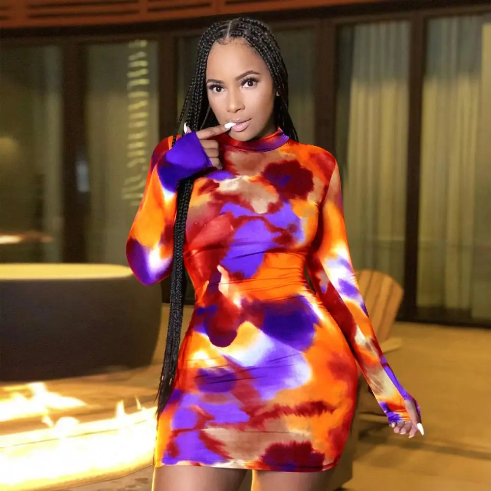 

New Arrivals Multicolor Printing Women Dress O-Neck Long Sleeve Sexy Lady Skinny Mini Dresses For Nightclub Party 2021 Autumn
