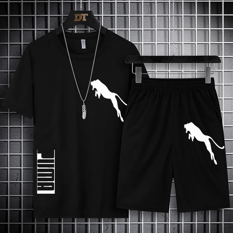 

Men's Sports suit T-shirts Spoof brand LOGO Track and Field Jogging Short-sleeved T-shirt + Pants Fitness Sports Suit