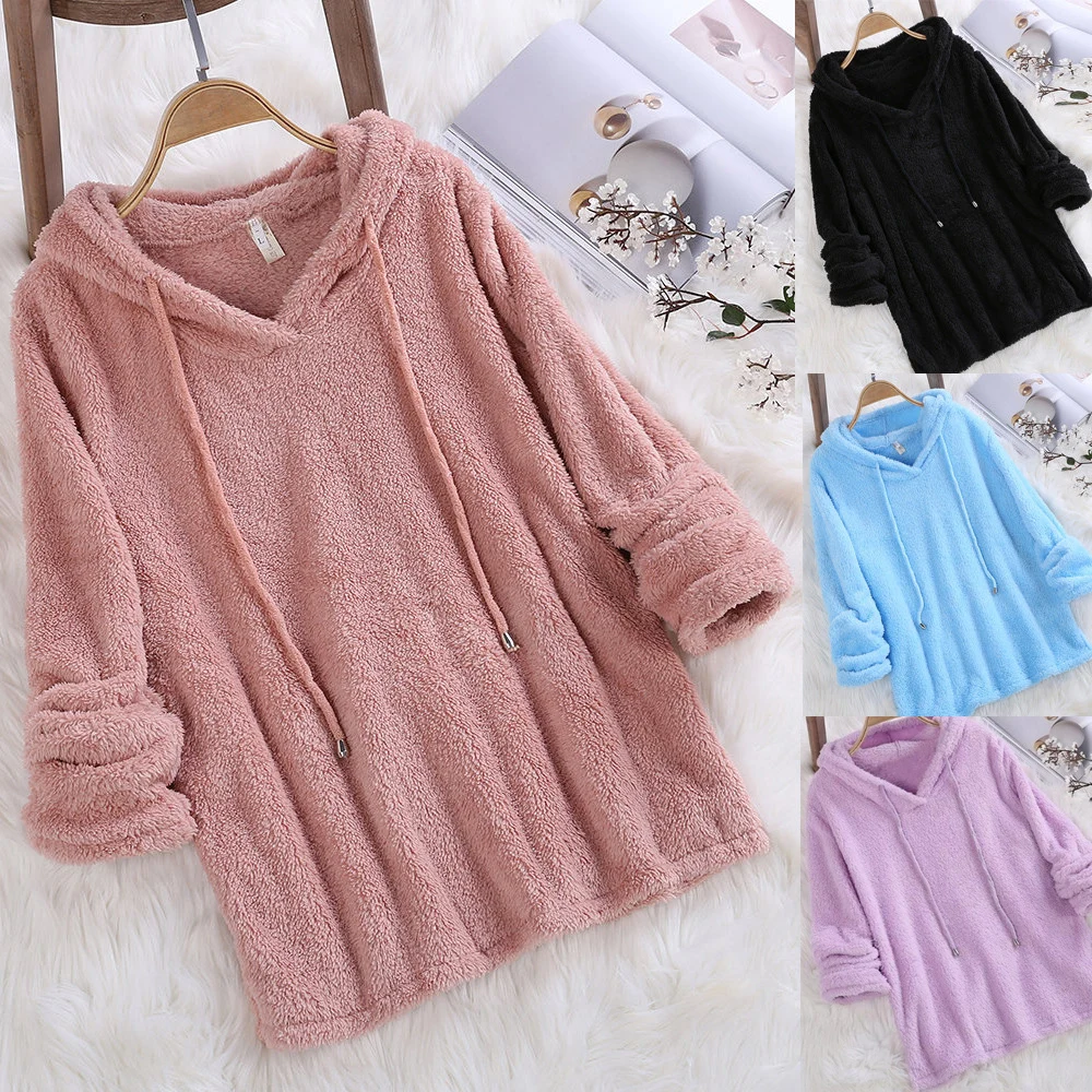2019 женские теплые толстовки зимний однотонный меховой двухсторонний флисовый