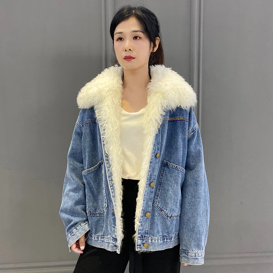 

Fur Parka Women Winter Denim Jacket Warm Thick Wool Coat Fashion Lamb Fur Collar Plus Size Custom Free Shipping