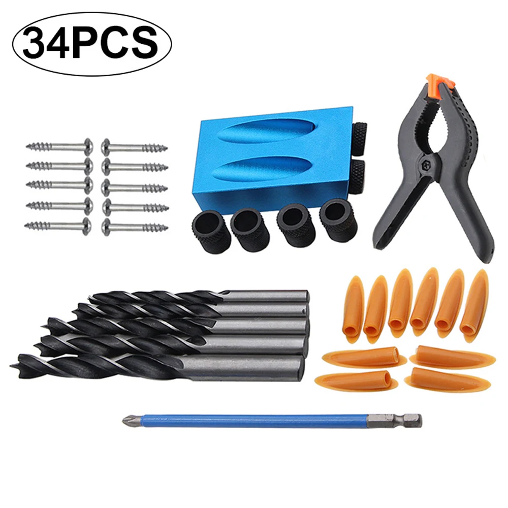 

Woodworking Oblique Hole Locator Set 15 Degree Angle Drill Guide Puncher DIY Tools Drill Bits Pocket Hole Jig Kit 3/14/28/34pcs