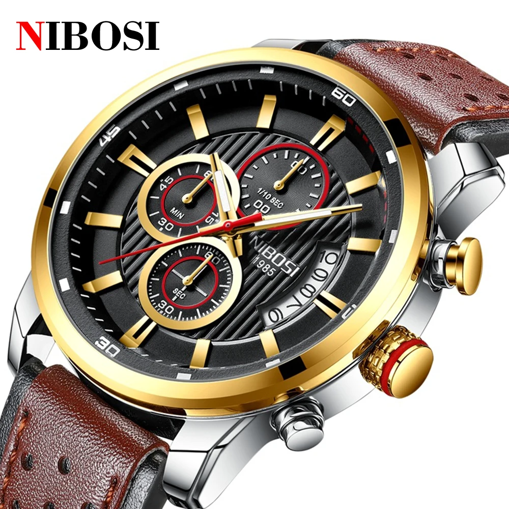 

NIBOSI Fashion Brand Military Quartz Mens Watch Leather Waterproof Sport Waterproof Chronograph Watch For Men Relogio Masculino