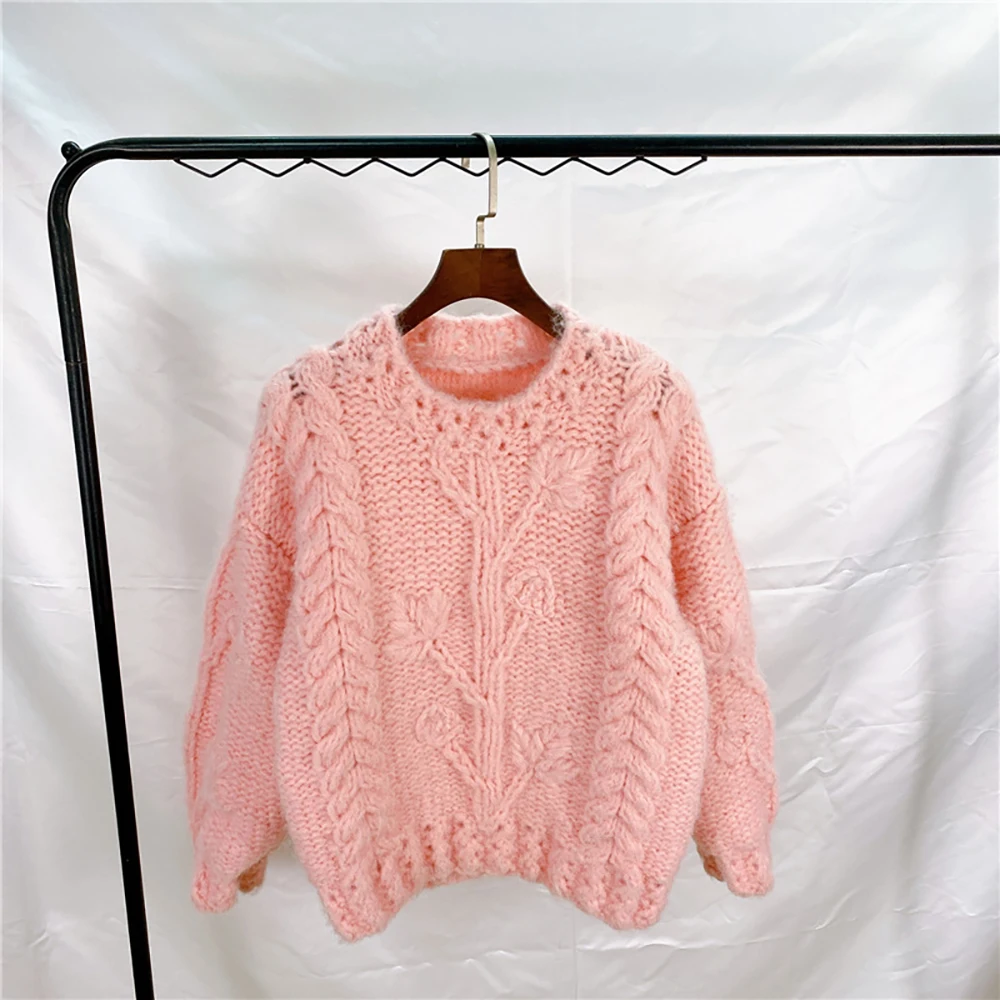 

Hand Knit Stick Needle 2021 Autumn Winter Hollowed Out New Twist Sweater Pullover Round Neck Thick Needle Loose Long Sleeve Top