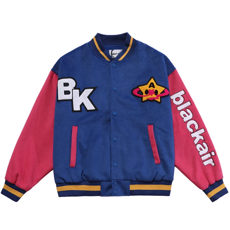 

Men Furry Stars Embroidery Varsity Baseball Jackets Vintage Patchwork Bomber Jackets Oversize V-neck Color Block Coat Streetwear