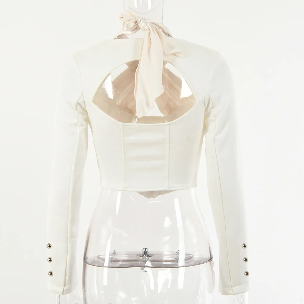 

Women Office Slim Solid Crop Top With Buttons Hollow Backless Bandage Elegant T-shirts Fashion Party Casual Shirt Hola TeenYang