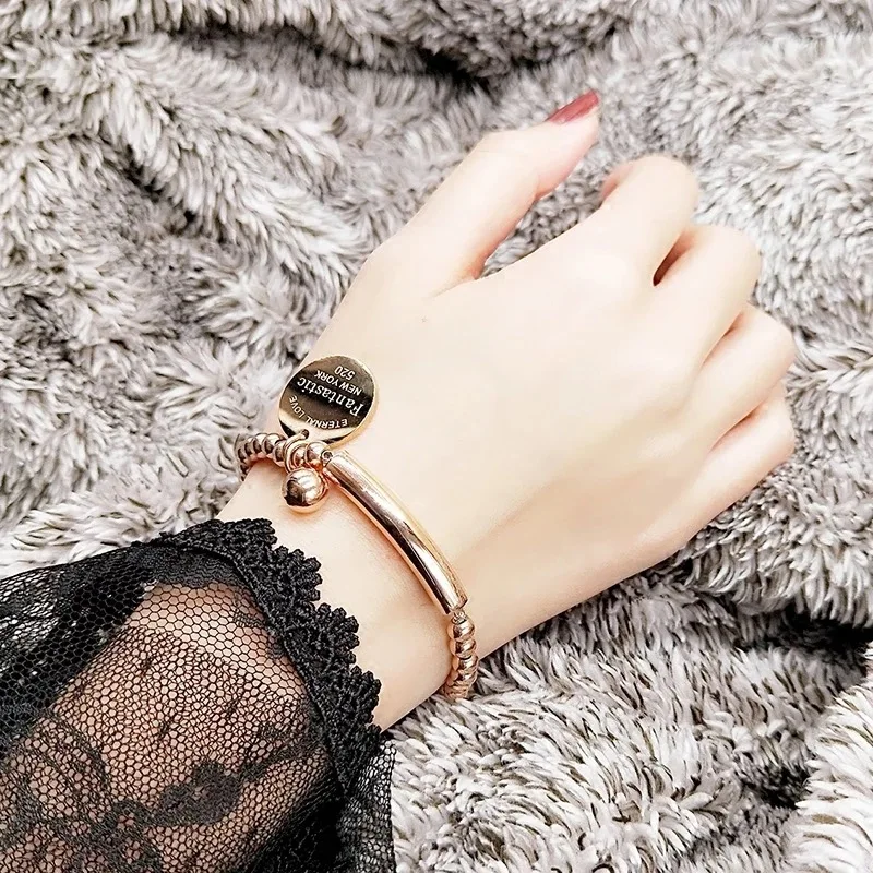 

"Fantastic Eternal Love New York" Stainless Steel Ball Beads Bracelet For Women Circle Tag Charm Stretch Strand Bracelet