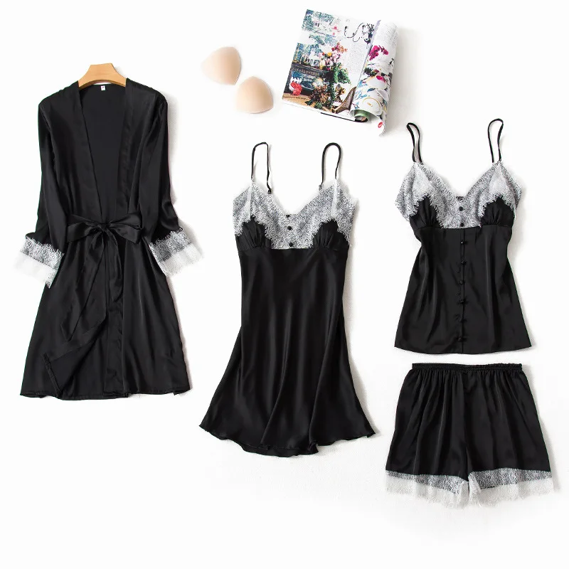 

Bride Bridesmaid Wedding Pajamas Suit Satin Lady 4PCS Sleep Set Casual Sexy Kimono Bathrobe Gown Sleepwear Loose Nightdress