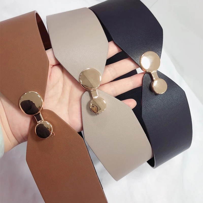 

Double round buckle soft cow leather waist seal coat dress leather wide belt elastic elastic wide belt decorative belt