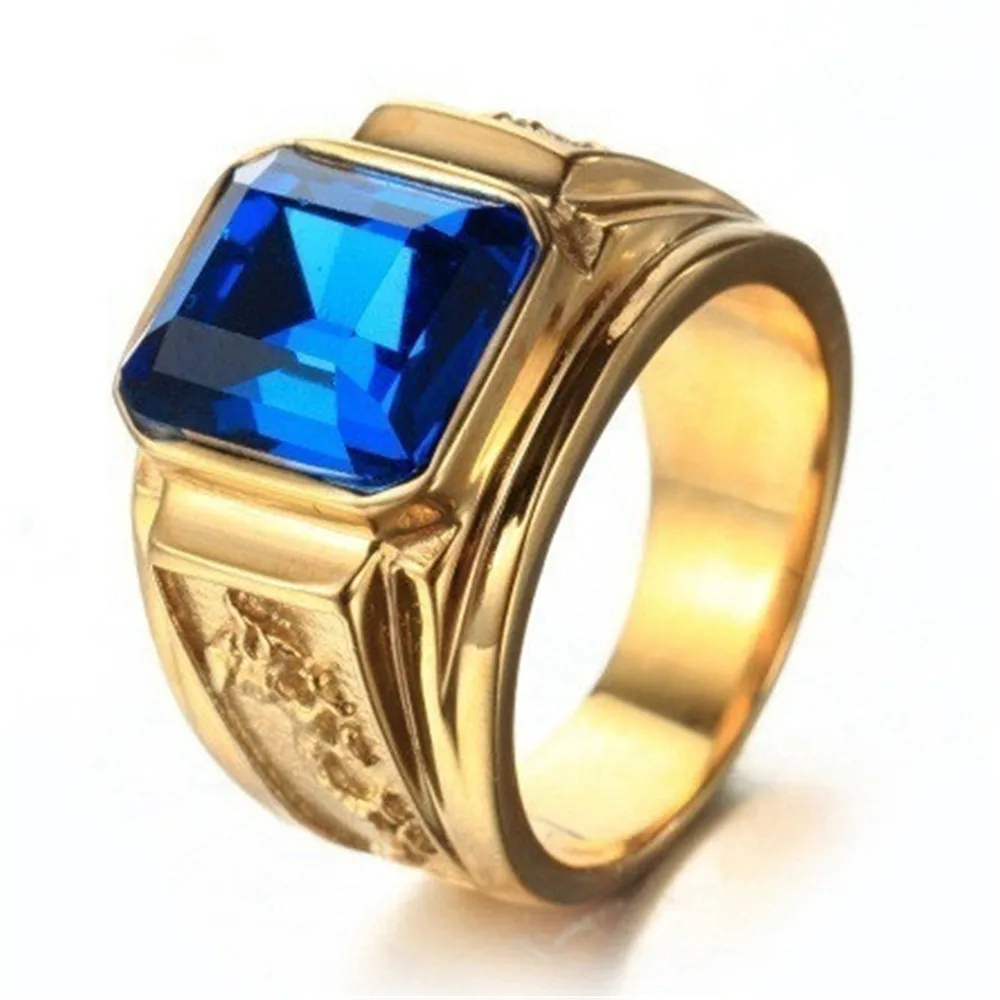 

Hot Sale Big Red Black Green Blue Stone Square Gold Color Copper Alloy Men Ring Engraved Dragon Male Rings