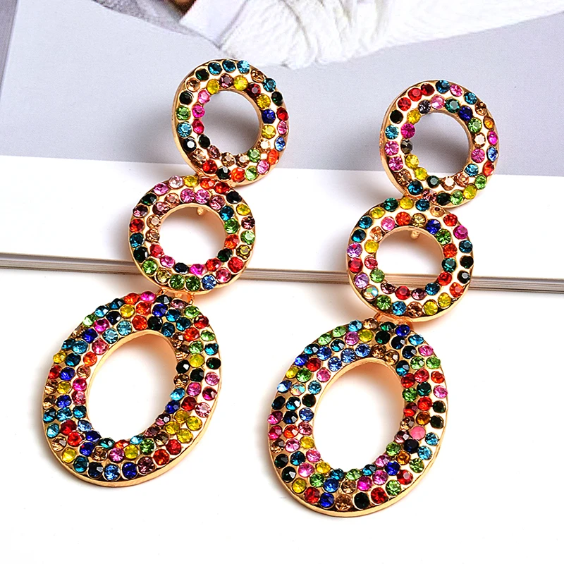 

Wholesale Fashion Round Metal Colorful Crystals Long Dangle Drop Earrings Fine Jewelry Accessories For Women Christmas Gift