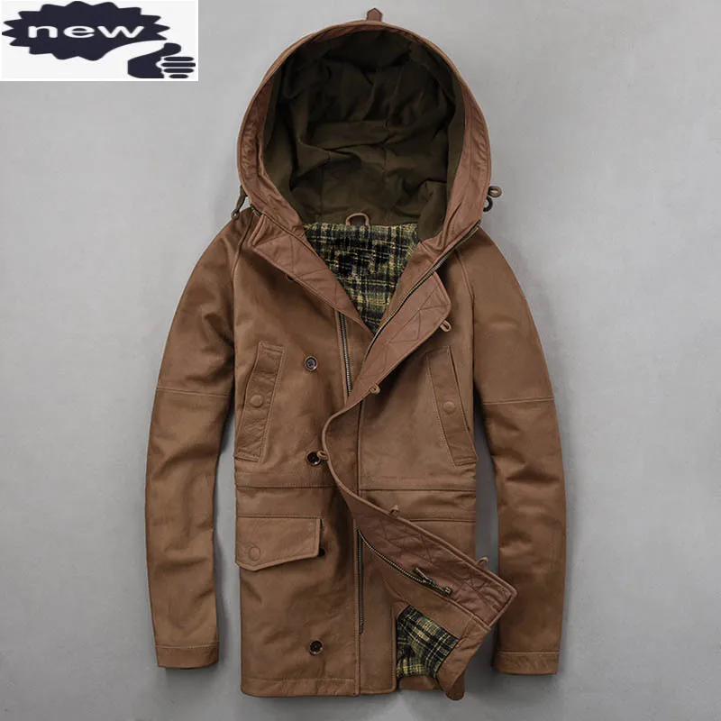 

Мужская длинная куртка из натуральной воловьей кожи, винтажная куртка с капюшоном, пальто из натуральной кожи, приталенные мотоциклетные ветрозащитные куртки 3XL