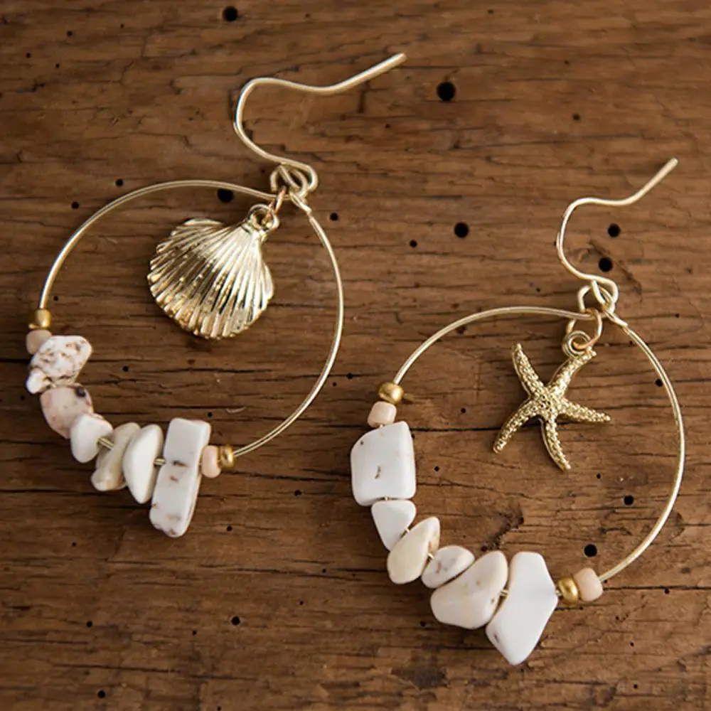 Летние Винтажные висячие серьги из золотого сплава с морскими ракушками и