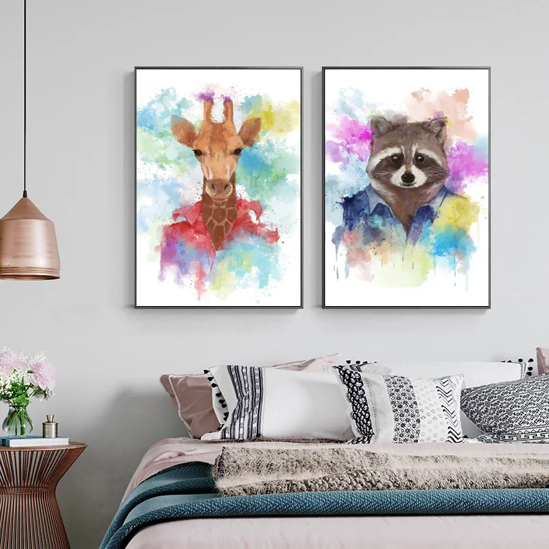 

Watercolor Animal Poster Panda Raccoon Cute Cartoon Kindergarten Children Room Decorative Painting Baby Room Decor Adorable