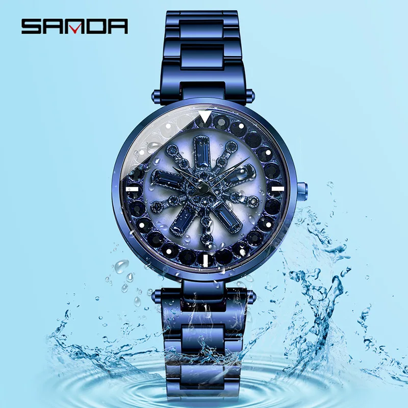 Часы женские вращающиеся из нержавеющей стали с цветами и бриллиантами|Женские