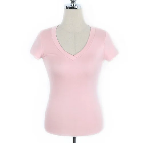 Женская футболка с v образным вырезом розовая облегающая блузка длинным рукавом