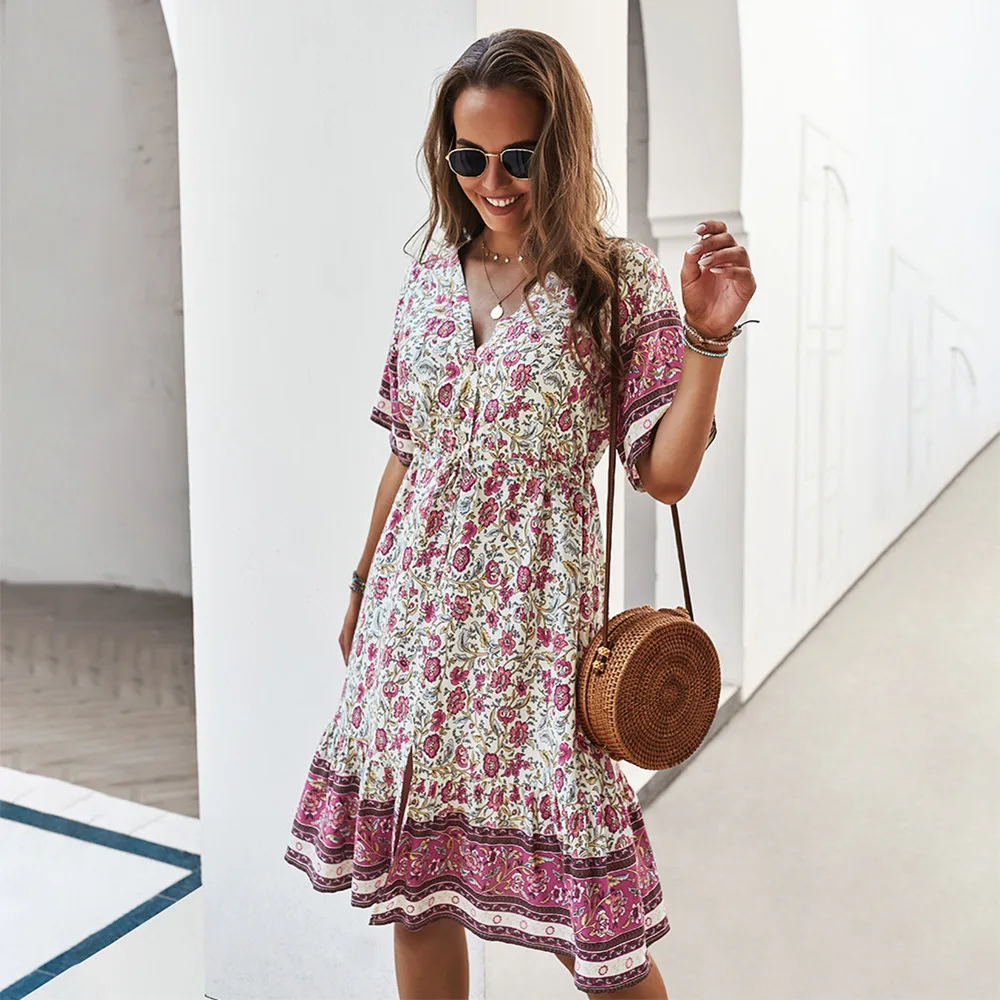 

Summer Ins Bohemian Style Floral Print Holiday Short-sleeved Dress V-neck Sexy Short Skirt Casual Fashion Beach Skirt -40