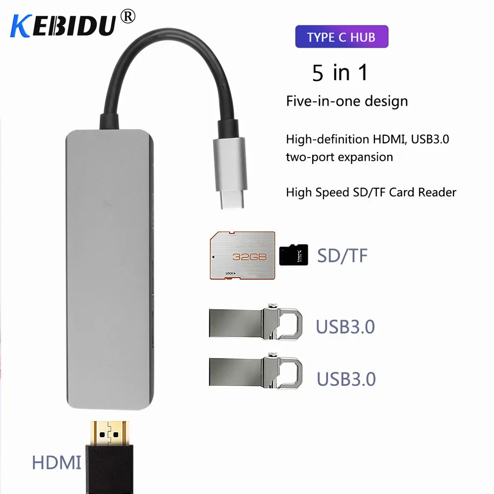 

5 In 1 Type-C To USB-C HDMI-compatible USB3.0 USB C Adapter For MacBook Samsung Galaxy S9/S8 Huawei P20 Type C USB SD/TF Card