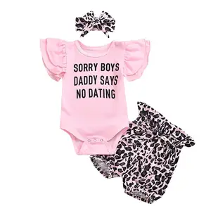 Комплект одежды из 3 предметов для маленьких девочек, От 0 до 2 лет, лето 2020, топы для свиданий с надписью Daddy Says No + штаны с леопардовым принтом + повязка на голову, одежда для маленьких девочек