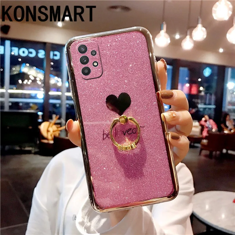 

KONSMART For Samsung A52 Case A72 Luxury Glitter Love IMD Silicone Soft Phone Cases For Samsung Galaxy A72 A52 Finger Ring Cover