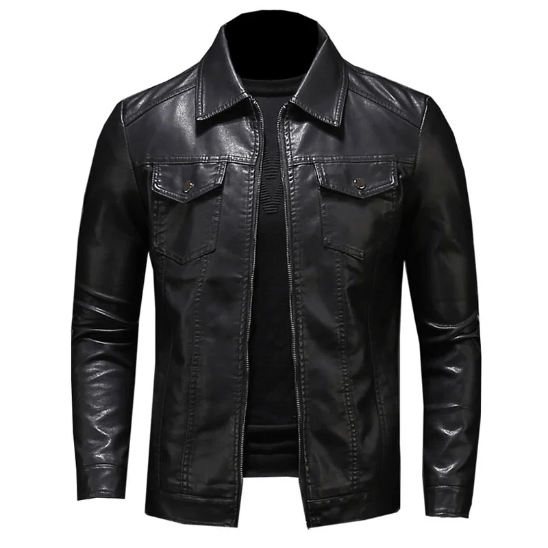 

Мужская мотоциклетная кожаная куртка, пальто из искусственной кожи, с большим карманом, черная, на молнии, с лацканами, облегающая, для весны...